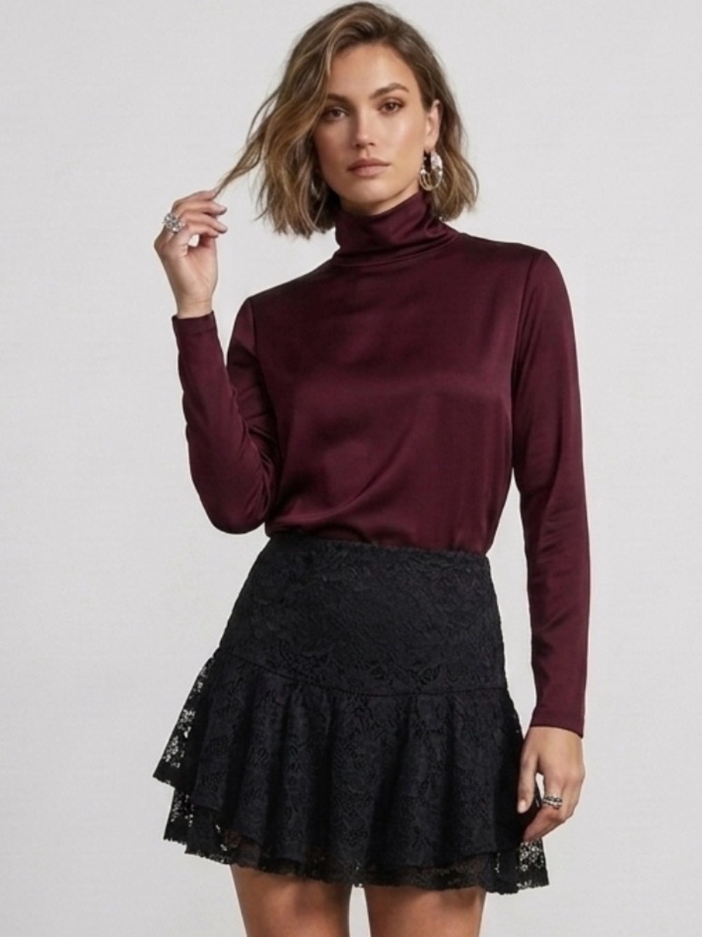 Black Lace Tiered Mini Skirt with Scalloped Hem and built shorts Size M